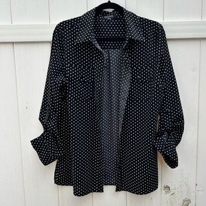 Notations Button Down Roll-up Sleeve Black & White Polka Dot Blouse Top | Medium